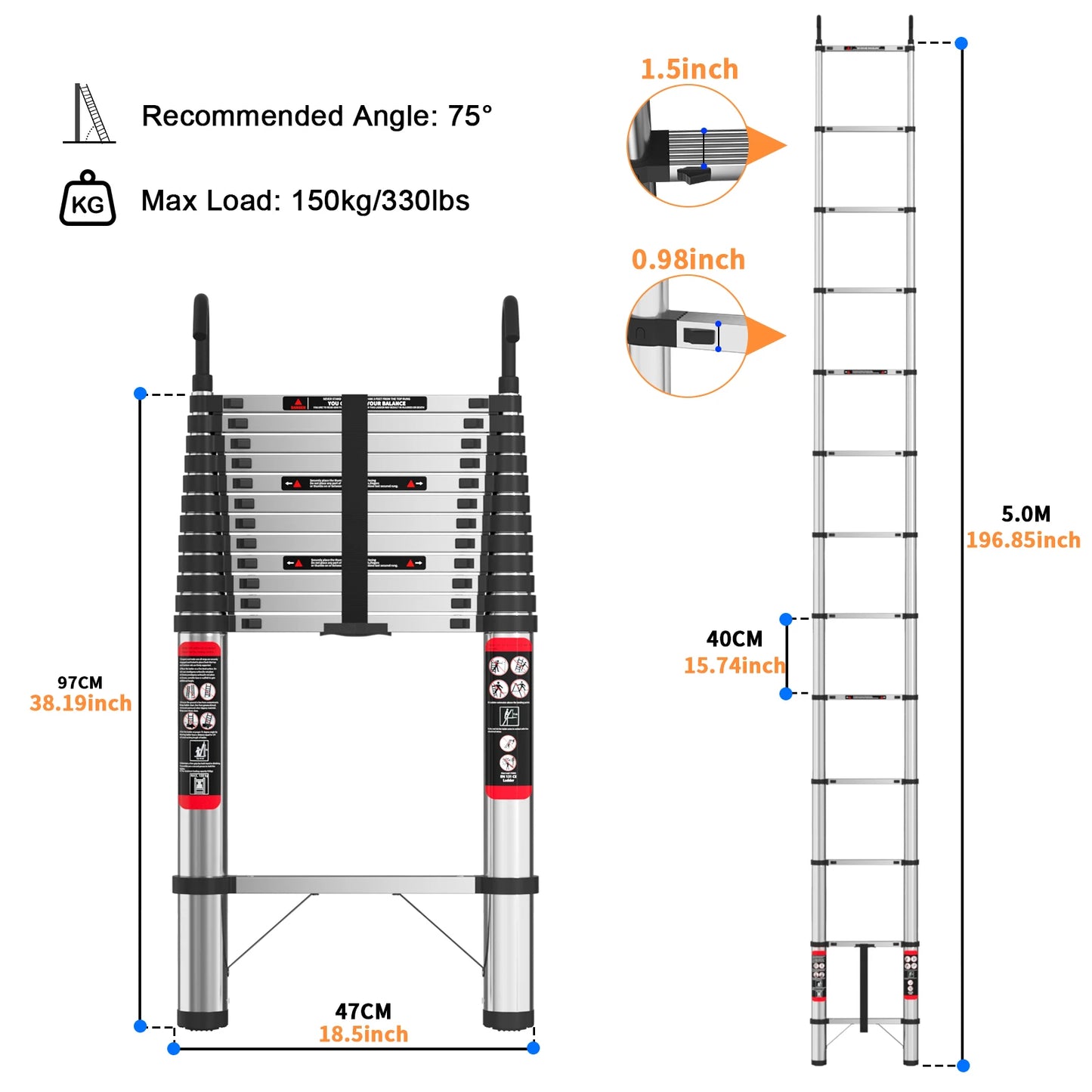 Telescopic Ladder Stainless Steel,load 150kg, Convenient Extendable ,For Pulling Walls, Changing Light Bulbs,Repairing Roofs,RV