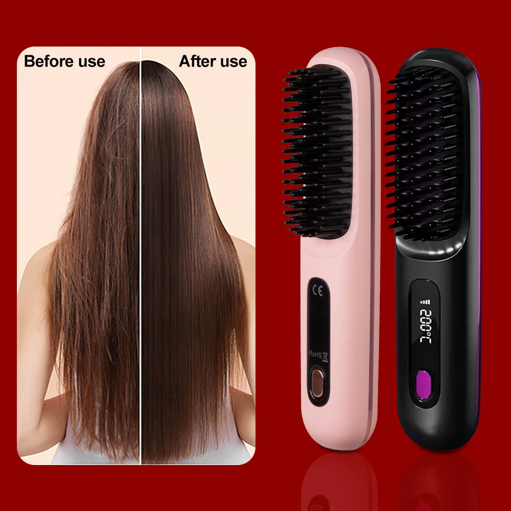 Hair Straightener Brush for Travel with Negative Ion Type-C Charging 2000mAh Battery Frizz-Free Shine Smooth hair