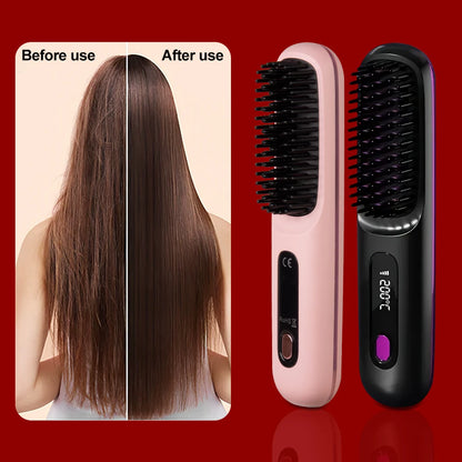 Hair Straightener Brush for Travel with Negative Ion Type-C Charging 2000mAh Battery Frizz-Free Shine Smooth hair