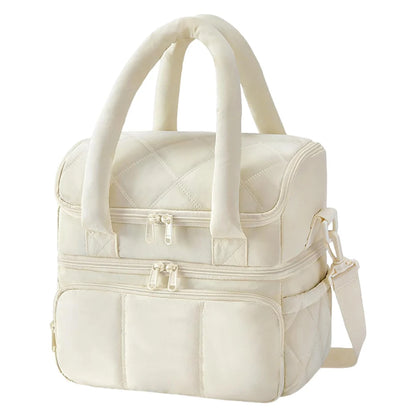 Insulated Double Deck Lunch Bag for Women Ladies Puffy Padded Lunch Tote Waterproof Bento Top Handle Bag for Work Picnic Travel