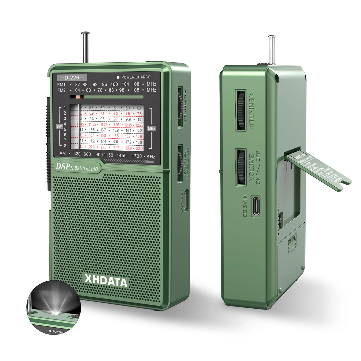 XHDATA D226 Mini Shortwave Radio AM FM SW Portable USB-C Rechargeable Battey Radio LED Flashlight 3.5mm Headphone Jack Stand