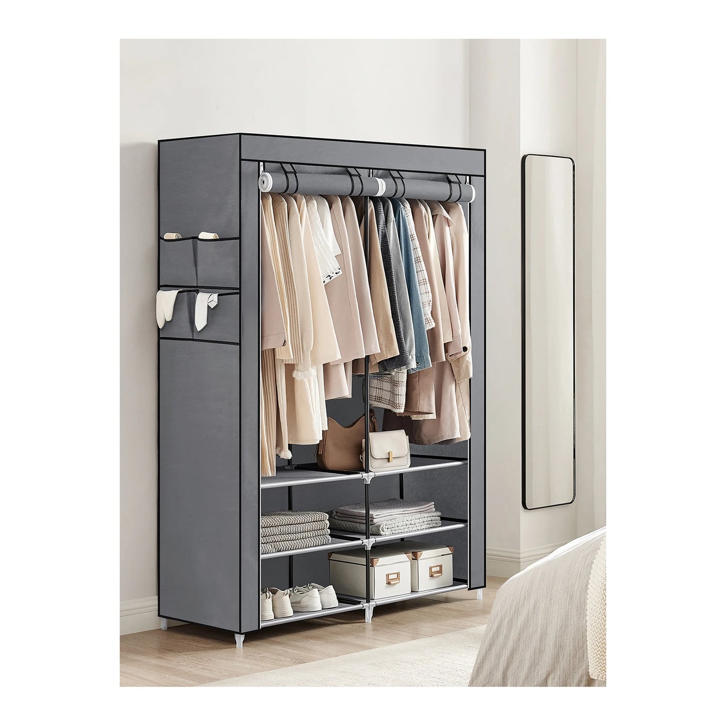SONGMICS Clothes Wardrobe, Portable Closet, 2 Hanging Rails, Shelves, and 4 Side Pockets, Large Capacity for Living Room