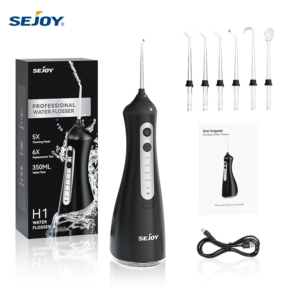 Sejoy Electric Oral Irrigator Water Dental Flosser Pick for Teeth Cordless 350ML Water Tank,6 Cleaning Modes, IPX7 for Travel