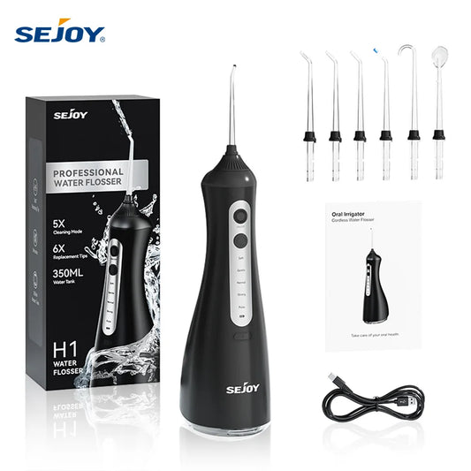 Sejoy Electric Oral Irrigator Water Dental Flosser Pick for Teeth Cordless 350ML Water Tank,6 Cleaning Modes, IPX7 for Travel