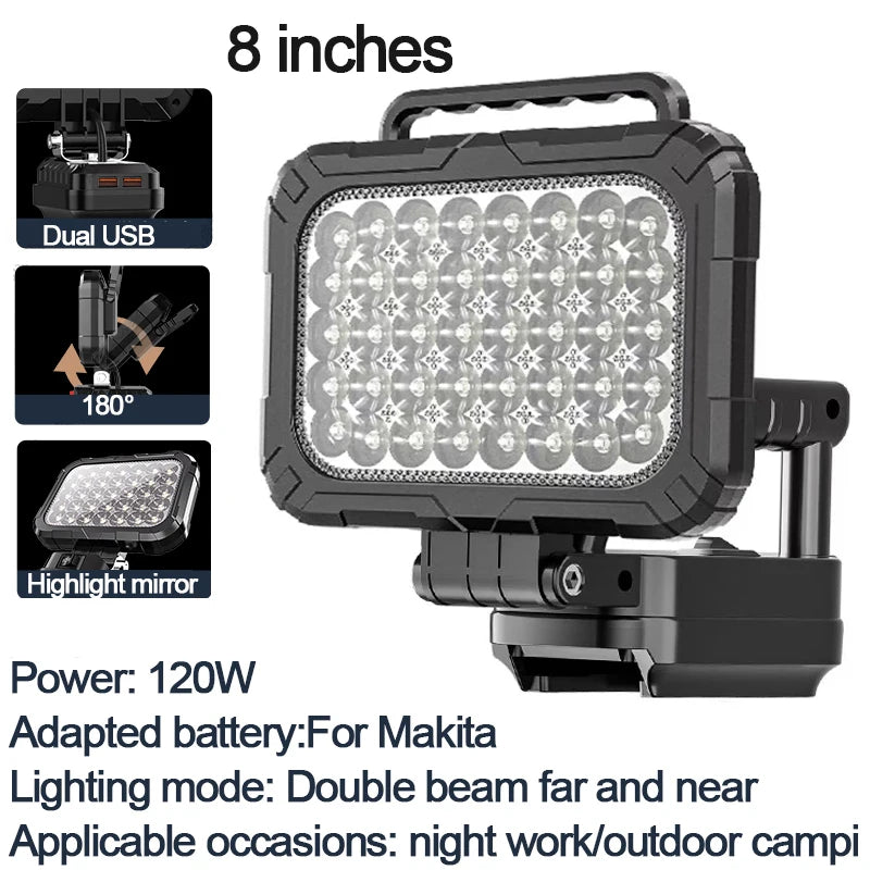 8IN 7200LM 120W Work Light 18V For Makita Battery Flashlight Portable LED Spotlight Floodlight With Dual USB charging port