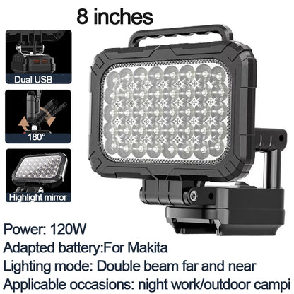 8IN 7200LM 120W Work Light 18V For Makita Battery Flashlight Portable LED Spotlight Floodlight With Dual USB charging port