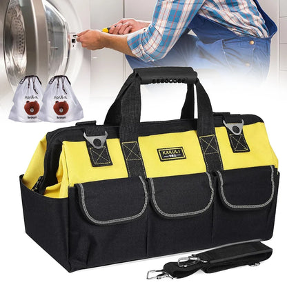 Heavy Duty Electrician Tool Bag, Large Capacity Tool Storage Bag with Multiple Compartments, Durable Polyester Work Bag with Sturdy Handles, Black Yellow Tool Bag for Job Sites