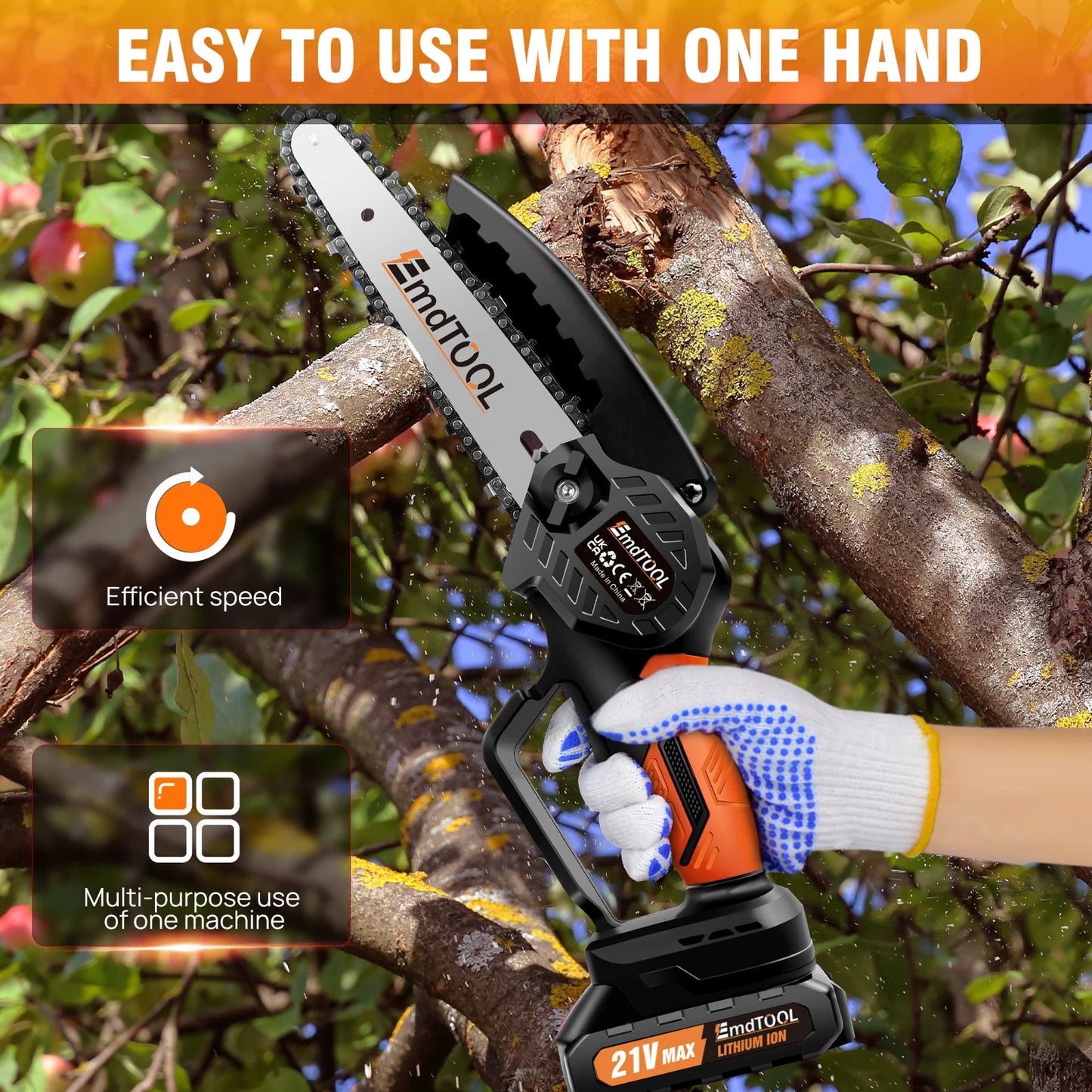 Handheld Mini Chainsaw Cordless 6 Inch Powerful Electric Chain saw with 2 Chains, Security Lock for Wood Cutting Tree Trimming