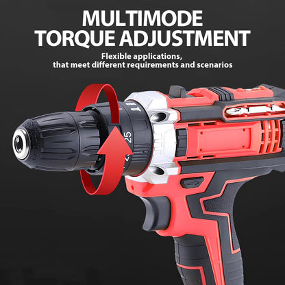 Electric Drill Power Tool Cordless Drill Combi Driver Electric Screwdriver Impact Set with 2pcs Rechargeable Batteries