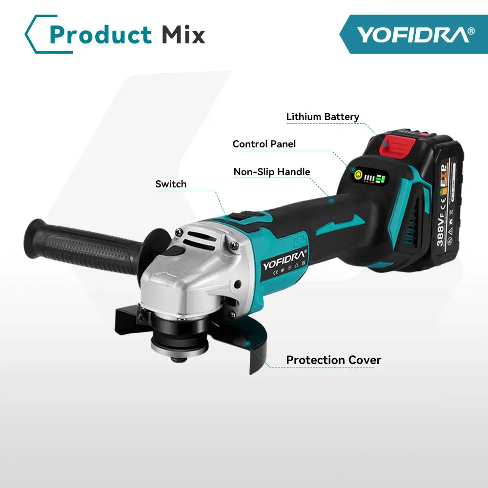 YOFIDRA 125mm Brushless Angle Grinder 4 Gear Cordless Grinding Machine Cutting Woodworking Power Tool For Makita 18V Battery Pin