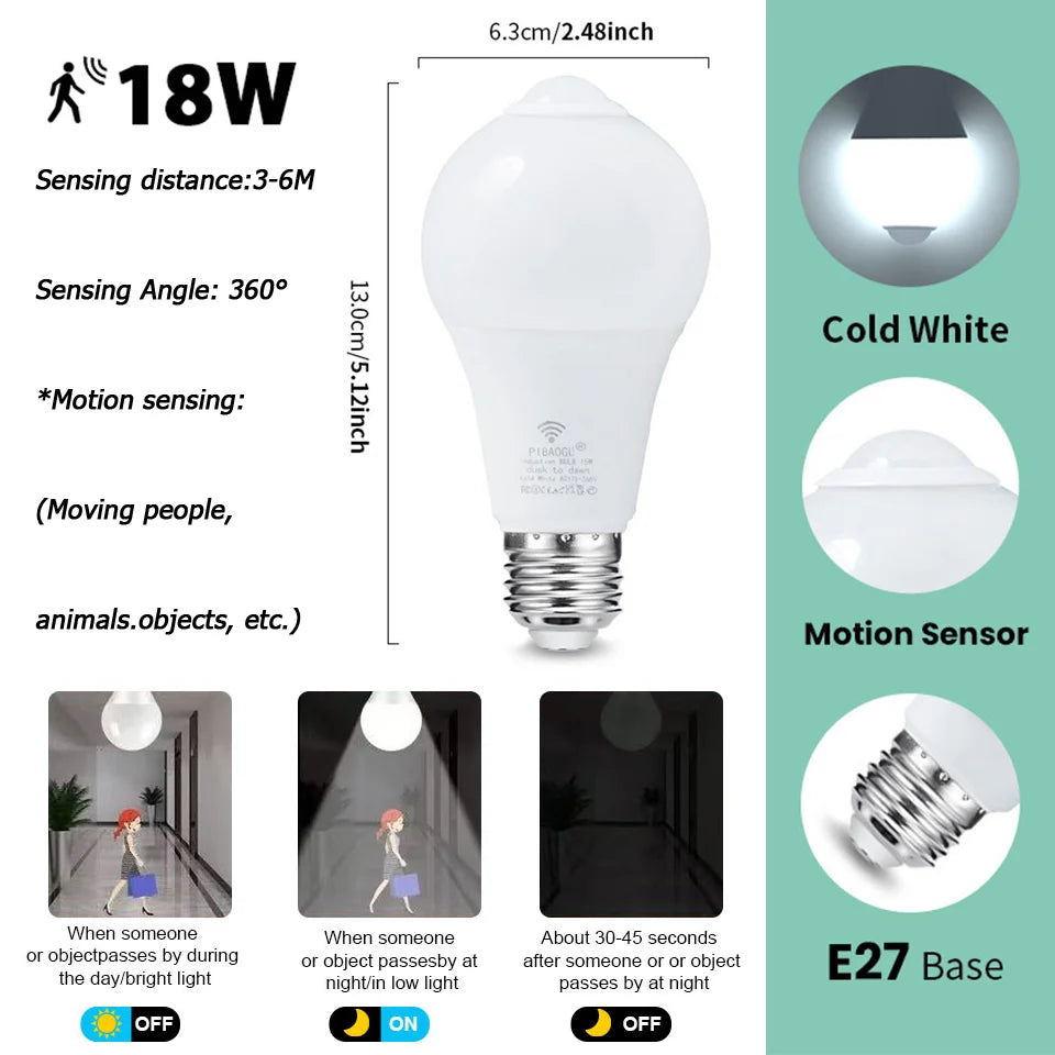 6pcs LED Bulbs Radar Motion Sensor Light 220V E27 LED Bulb Auto ON/OFF Working In Night Radiation Motion Detector Security Light