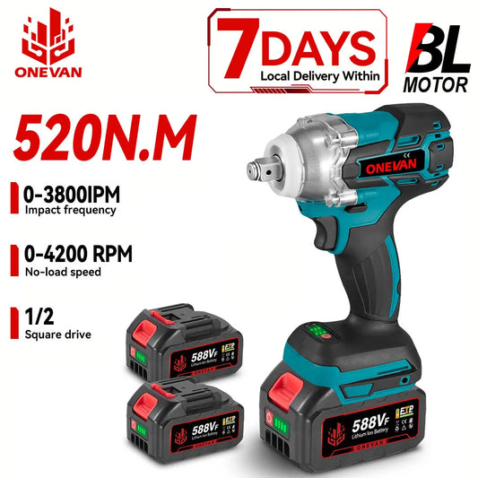 ONEVAN Brushless Electric Impact Wrench 520 N.M 1/2" Cordless Screwdriver Drilling Power Wrench Tool For Makita 18V Battery Pin