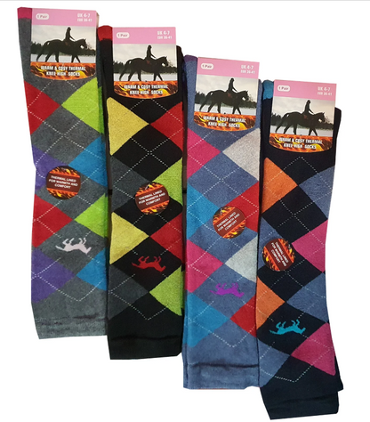 Women’s Thermal Knee High Socks UK 4–7 – Cotton Rich Argyle Winter Boot Socks | Warm Cosy Long Socks – Assorted Colours – 1 Pair