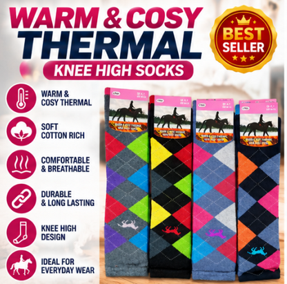 Women’s Thermal Knee High Socks UK 4–7 – Cotton Rich Argyle Winter Boot Socks | Warm Cosy Long Socks – Assorted Colours – 1 Pair