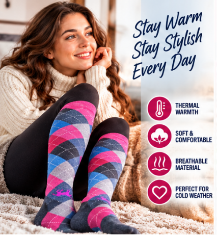 Women’s Thermal Knee High Socks UK 4–7 – Cotton Rich Argyle Winter Boot Socks | Warm Cosy Long Socks – Assorted Colours – 1 Pair