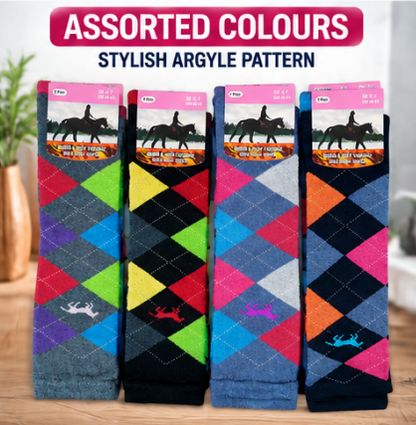 Women’s Thermal Knee High Socks UK 4–7 – Cotton Rich Argyle Winter Boot Socks | Warm Cosy Long Socks – Assorted Colours – 1 Pair