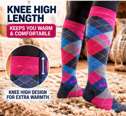 Women’s Thermal Knee High Socks UK 4–7 – Cotton Rich Argyle Winter Boot Socks | Warm Cosy Long Socks – Assorted Colours – 1 Pair