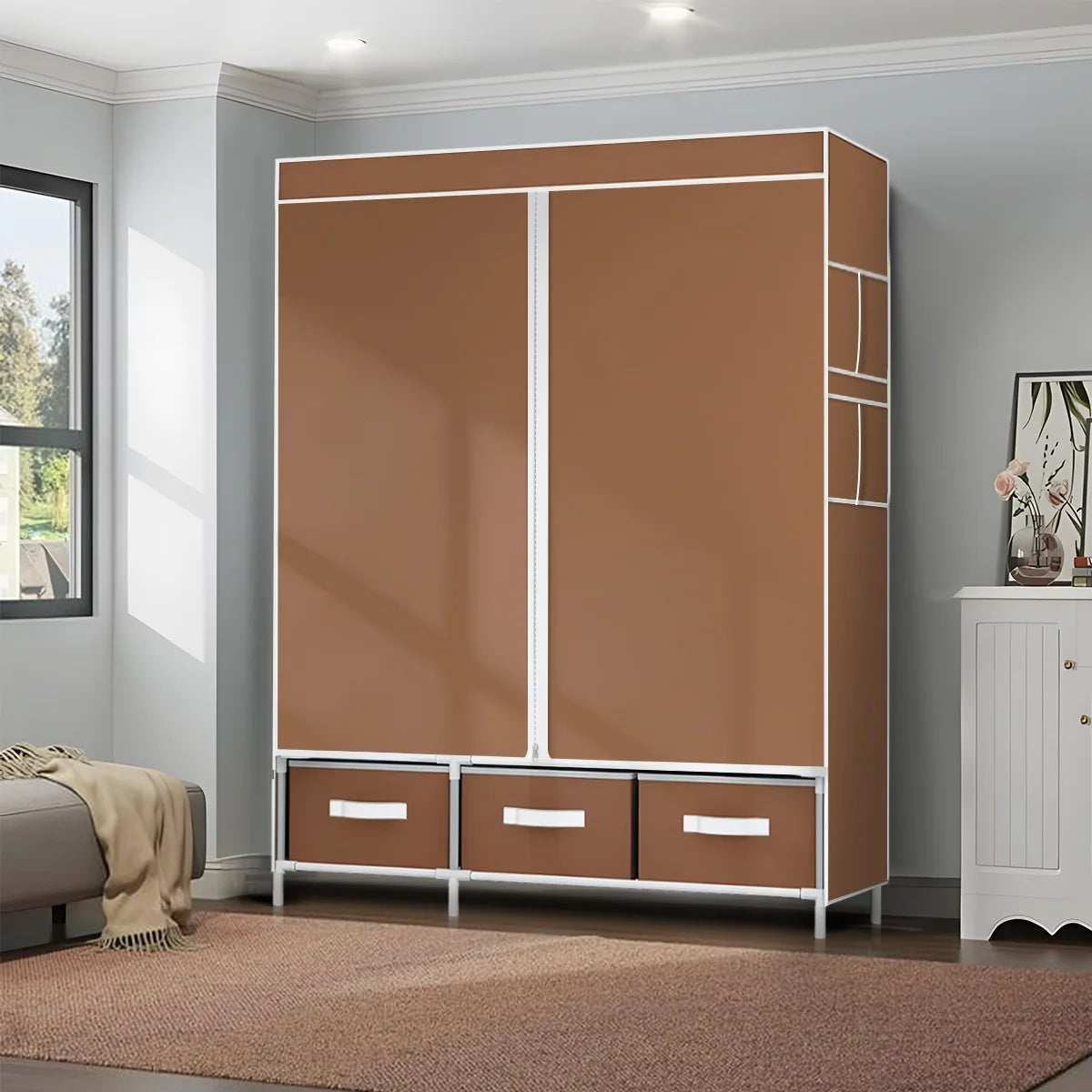 Large Canvas Wardrobe With Hanging Rail Shelving Fabric Clothes Storage Cupboard