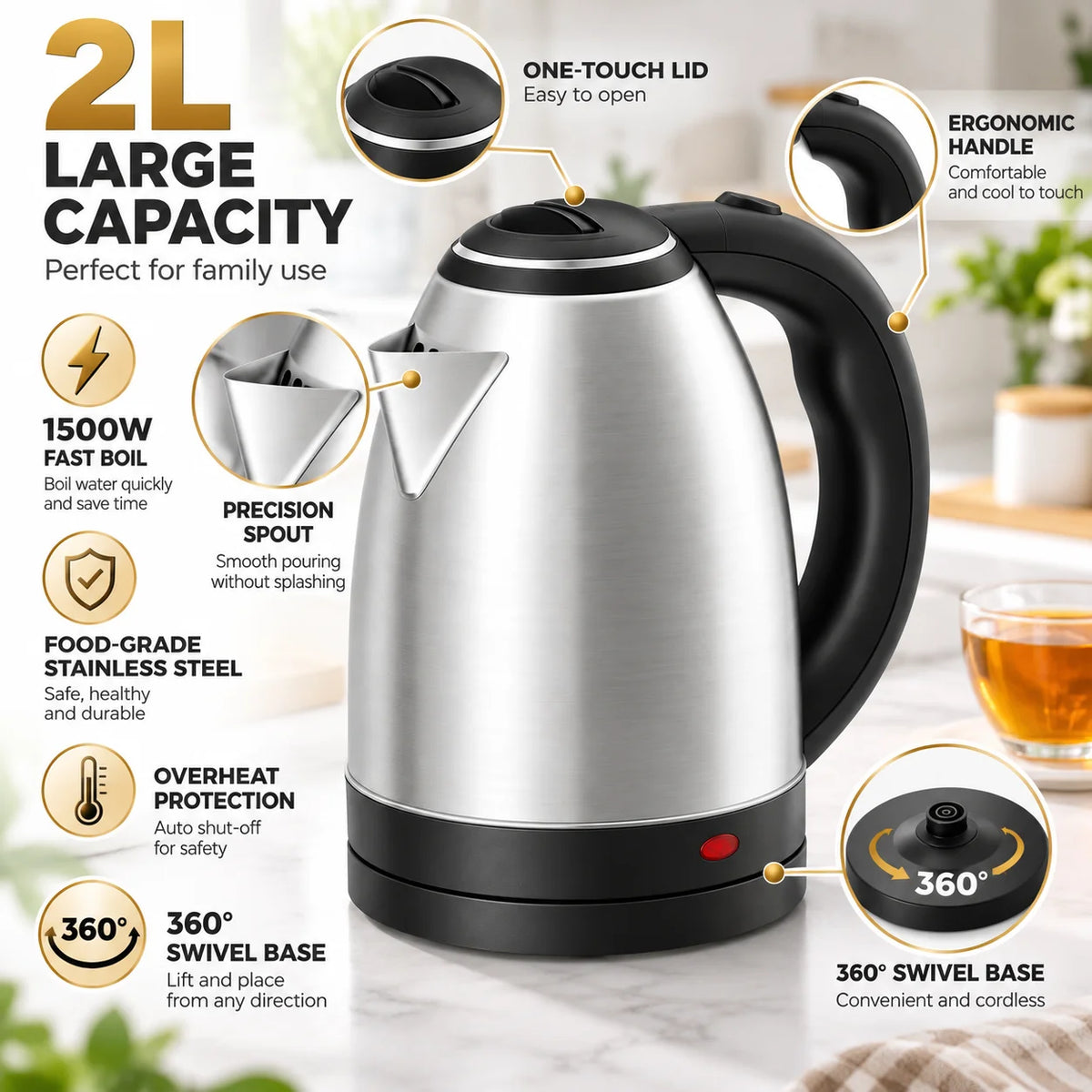 2L 1500W Stainless Steel Cordless Electric Kettle Jug, 360‑Degree Rotational Base with Overheat Protection Fast Boiling Water Heater for Household Kitchen Use