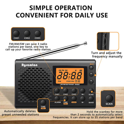 Portable Battery Radio FM Shortwave Digital Clock Radio With Sleep Timer Display Portative Small Battery Operated Radios