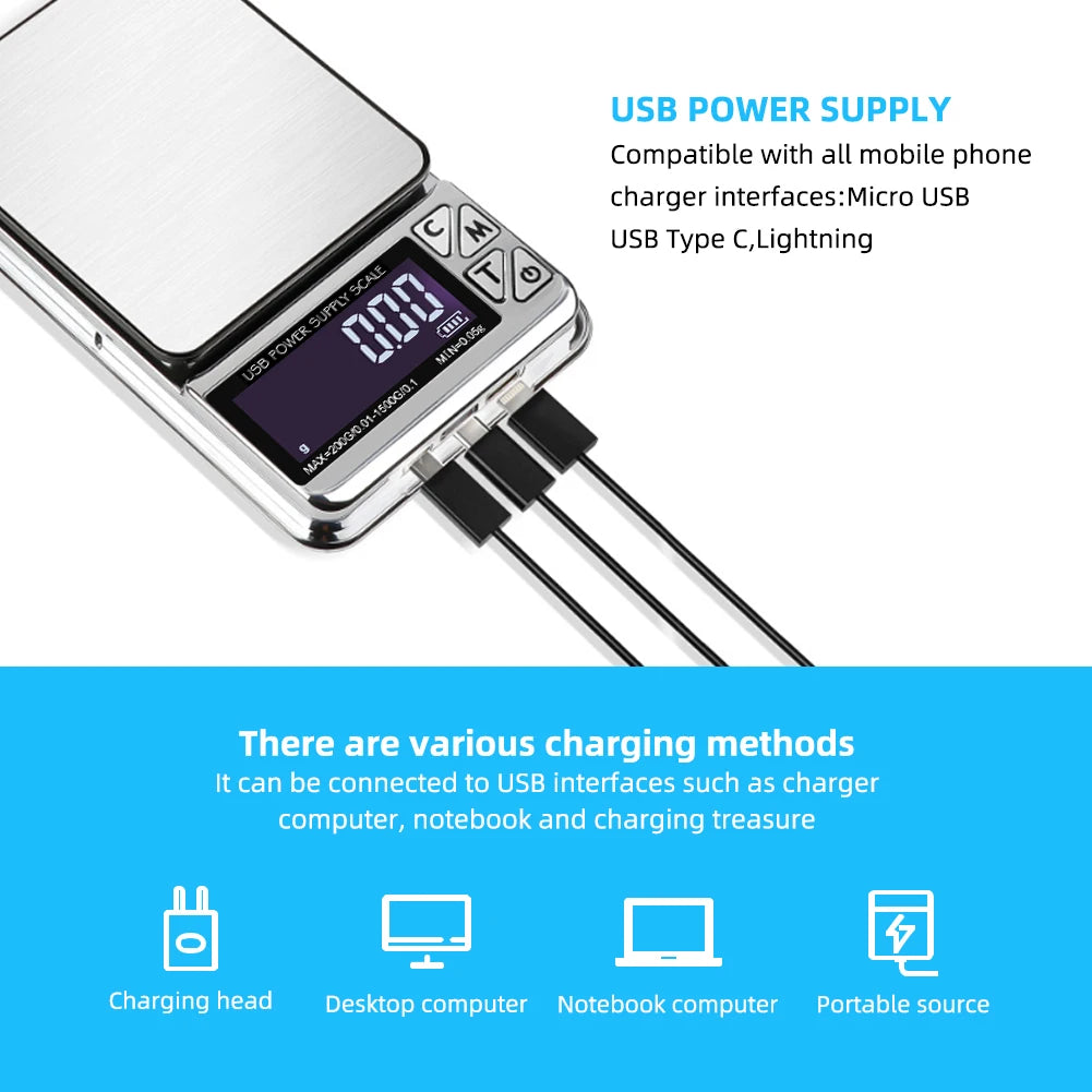 Digital Jewelry Scale High Precision 200g/1000gx0.01g Accuracy Smart Counting Gem Food Balance Kitchen Pocket Scales USB Charge
