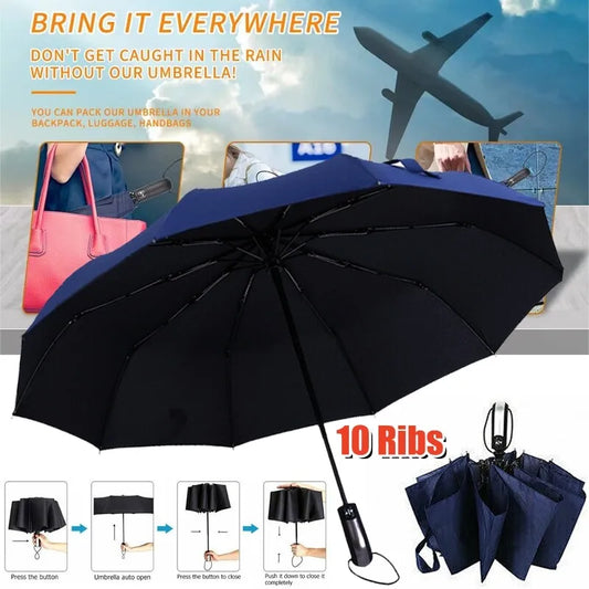 Large 10 Ribs Umbrella Strong Automatic Open & Close Folding Rain Windproof Rainproof and Durable Canopy Design Versatile Travel