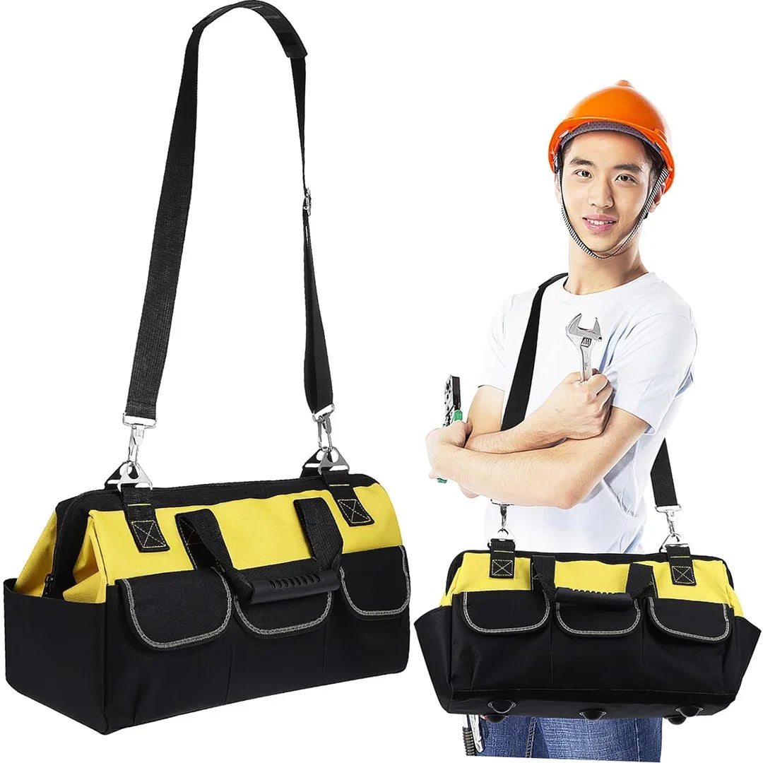 Heavy Duty Electrician Tool Bag, Large Capacity Tool Storage Bag with Multiple Compartments, Durable Polyester Work Bag with Sturdy Handles, Black Yellow Tool Bag for Job Sites