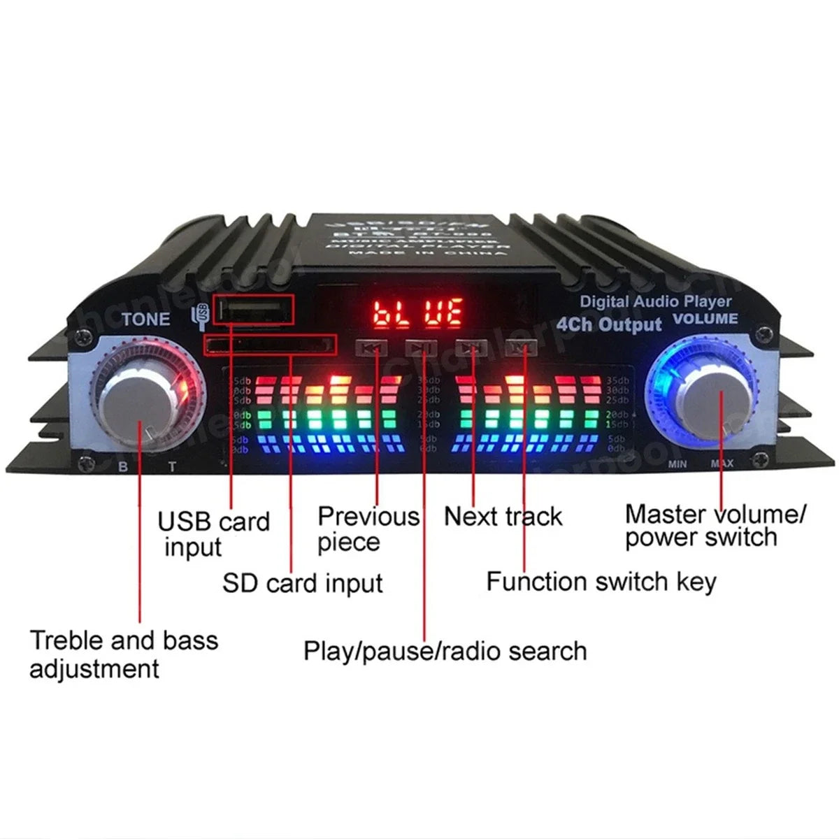 HiFi Sound Amplifier 4 Channel Digital Audio Bluetooth Amplifier 1600W Peak Power Karaoke Player FM Radio Support Remote Control