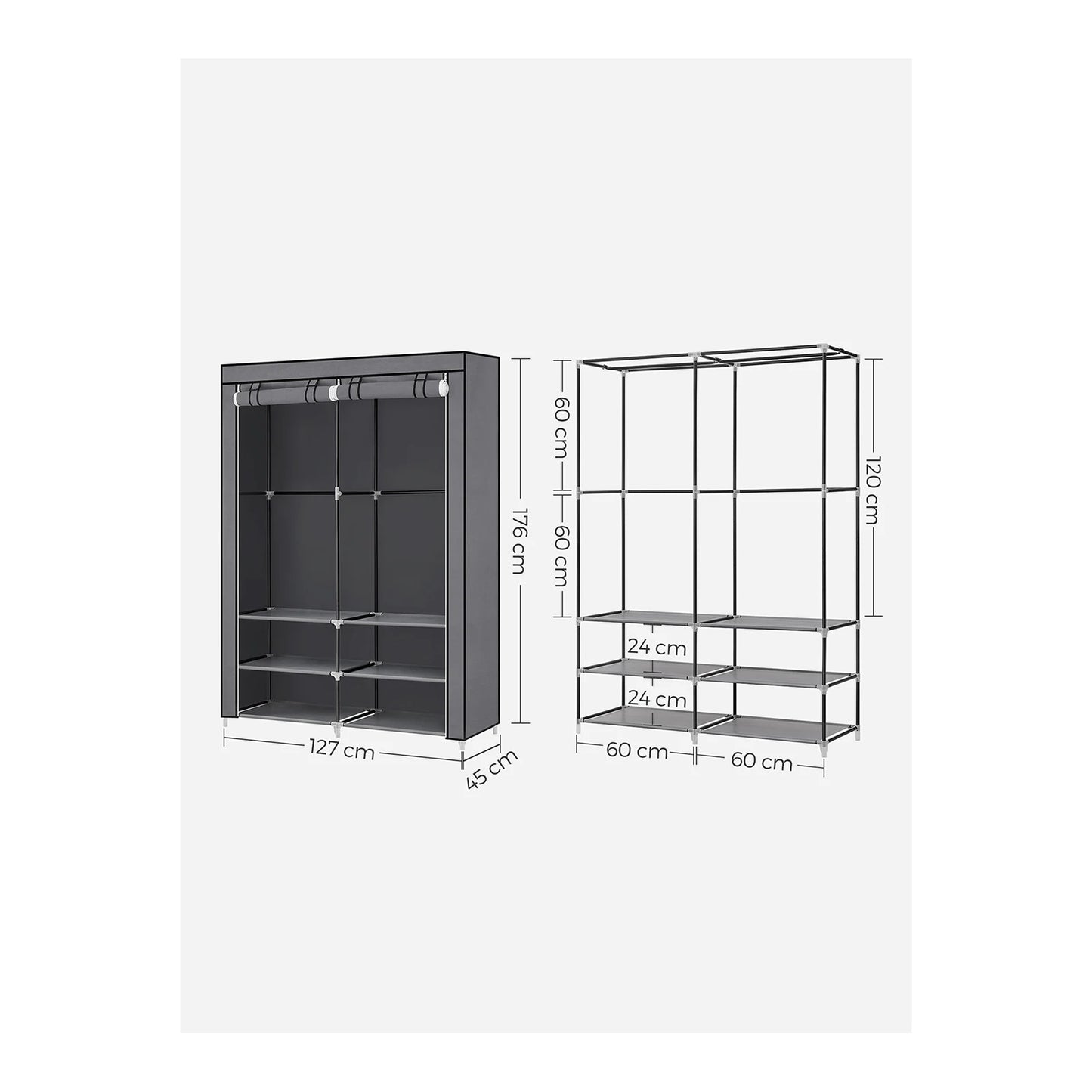 SONGMICS Clothes Wardrobe, Portable Closet, 2 Hanging Rails, Shelves, and 4 Side Pockets, Large Capacity for Living Room