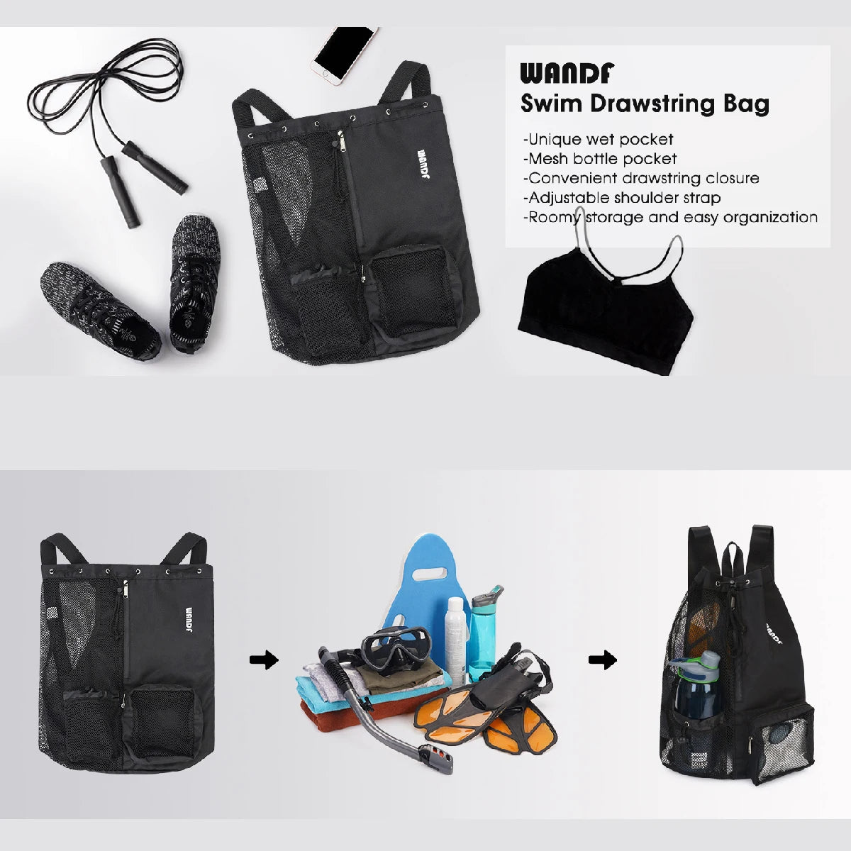 Women Travel Swimming Bag Mesh Drawstring Backpack with Wet Pocket Multipurpose Beach Backpack for Swimming Gym Workout Gear