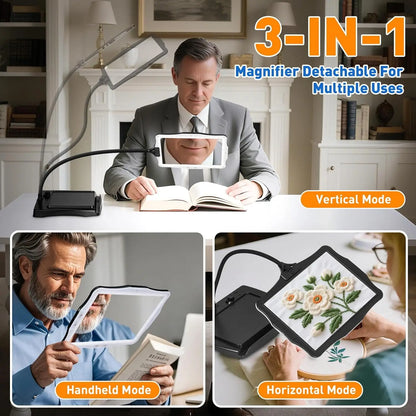 10X Rechargeable Full Page Magnifier，Large Len Magnifying Glass with 50 LED Lights & 3-IN-1 Gooseneck for Seniors Close Work