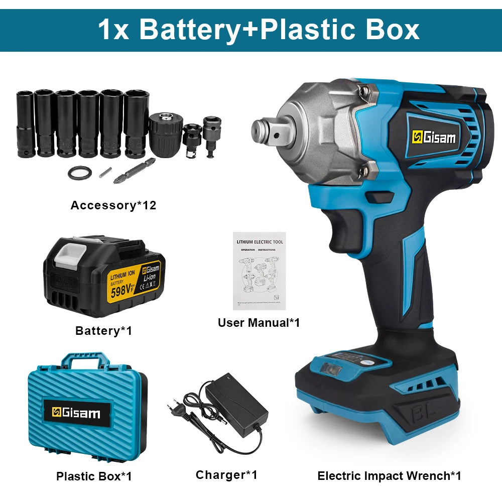Gisam 1200N.M Torque Brushless Electric Impact Wrench 1/2 inch Cordless Wrench Screwdriver Power Tool For Makita 18V Battery Pin