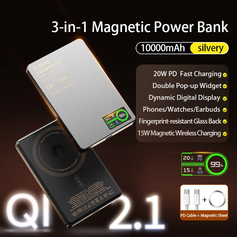 10000mAh 3 in 1 Power Bank for Magsafe Magnetic Wireless 20W Fast Charging, External Battery for IPhone 17 - 12 Airpods IWatch