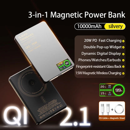 10000mAh 3 in 1 Power Bank for Magsafe Magnetic Wireless 20W Fast Charging, External Battery for IPhone 17 - 12 Airpods IWatch