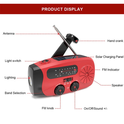 Multifunctional Solar Hand Crank Radio FM AM WB Weather Radio 2000mAh USB Charging Emergency LED Flashlight Power Bank ﻿