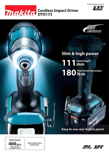 Makita DTD173 bule (EU-Plug) 18v Brushless Lithium-ion Impact Driver Power Tool Multifunctional Tool, Drill Bit, Power Tool