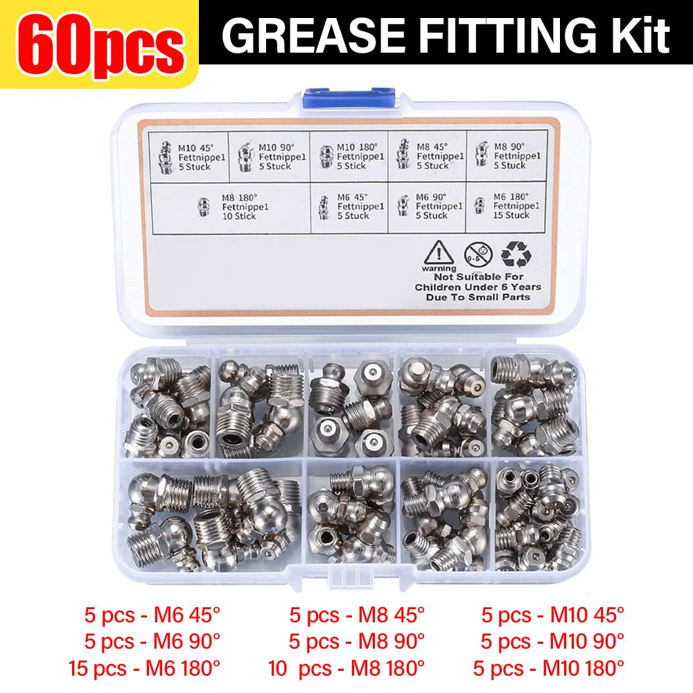 60/120Pcs Metric Grease Fitting Assortment Straight 45°/90°/180°Angle M6 M8 M10 Galvanized Metal Grease Nipple With Storage Box