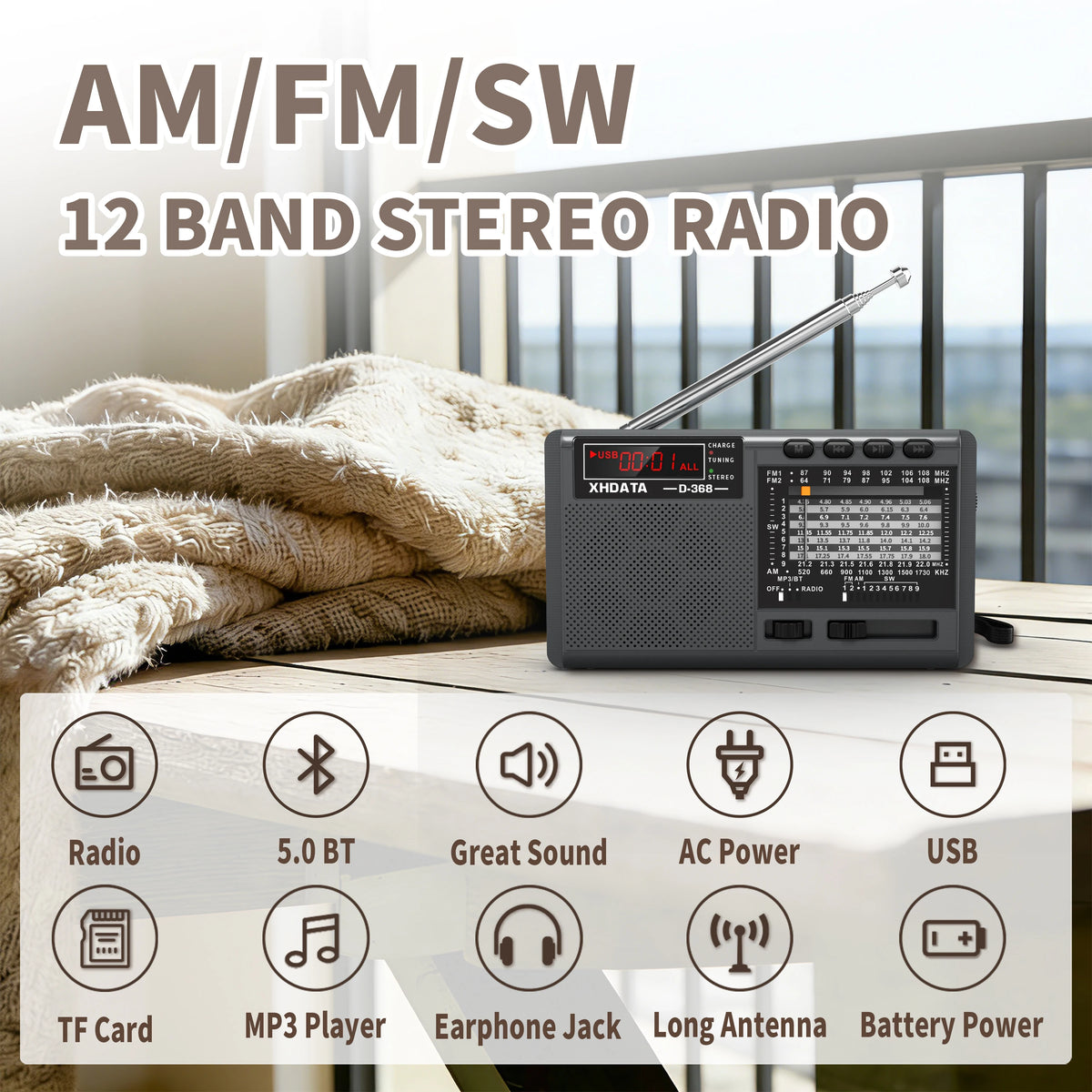 XHDATA D-368/ D-328 Portable Radio FM1-2/AM/SW 12 Band MP3 Player Bluetooth/TF Card With Headphone Jack For Elder Easy Use