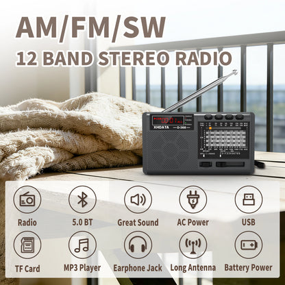 XHDATA D-368/ D-328 Portable Radio FM1-2/AM/SW 12 Band MP3 Player Bluetooth/TF Card With Headphone Jack For Elder Easy Use