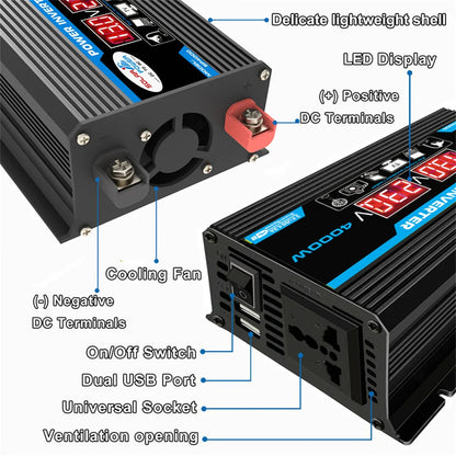 4000W Car Power Inverter DC 12V to AC 220V/110V Dual LCD Digital Display Voltage Transformer Car Charger Converter Adapter