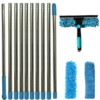 Extended Window Cleaning Kit 2 in 1 Double Sided Glass Squeegee Cleaner Duster Mop 180° Swivel Window Cleaning Tools