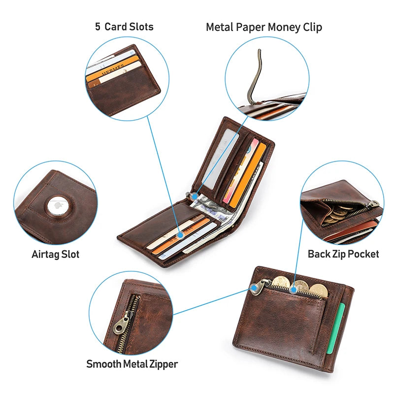CONTACT'S Genuine Leather Men Slim Wallet RFID Casual Money Clip Male Wallets Airtag Holder Credit Card Small Purse Coin Pocket