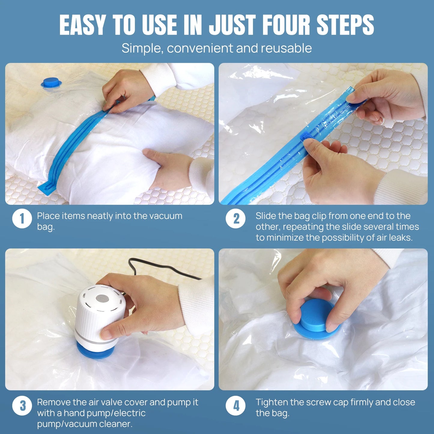 12-Pack Vacuum Compression Storage Bags for Clothes, with Electric Pump - Reusable Space Saver Bags for Travel, Duvets Storage