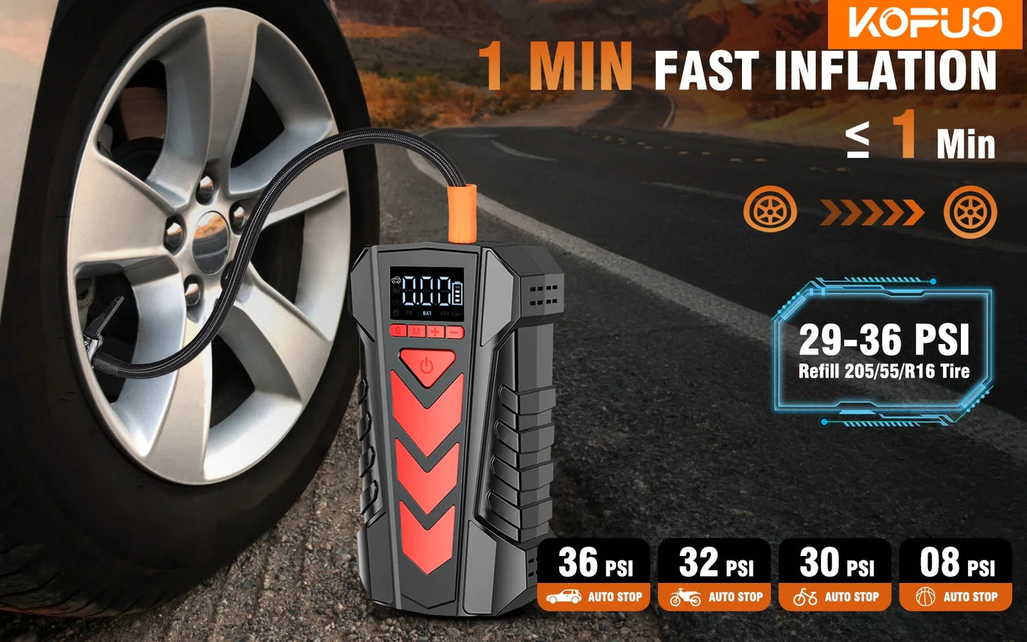 KOPUO 4000A 9-in-1 Jump Starter with Air Pump, for 9.0L Gas/8.0L Diesel, -40°C Cold Start, 150PSI Cordless Inflator, 3-Mode LED