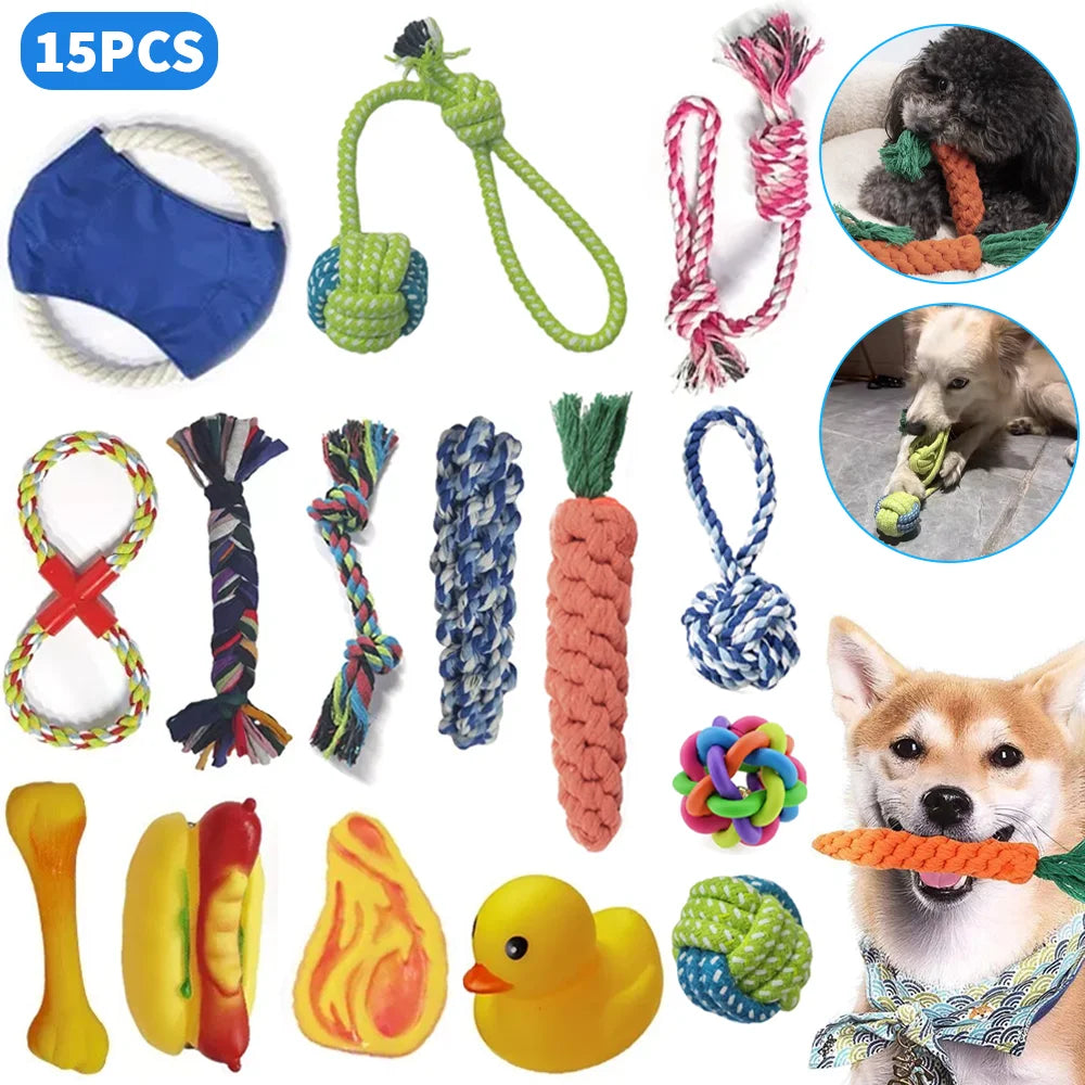 15pcs Dog Plush Toy, Dog Plush Toy Set, Tough Strong Knot Ball, Pet Puppy Teething Toy set,  Interactive Training Play