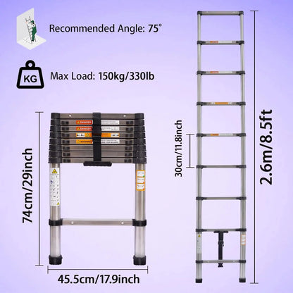 Day Plus Telescoping Ladder Stainless Steel Folding Ladder Portable Extendable Loft Ladder Capacity Max Load 150kg/330lb,EN131