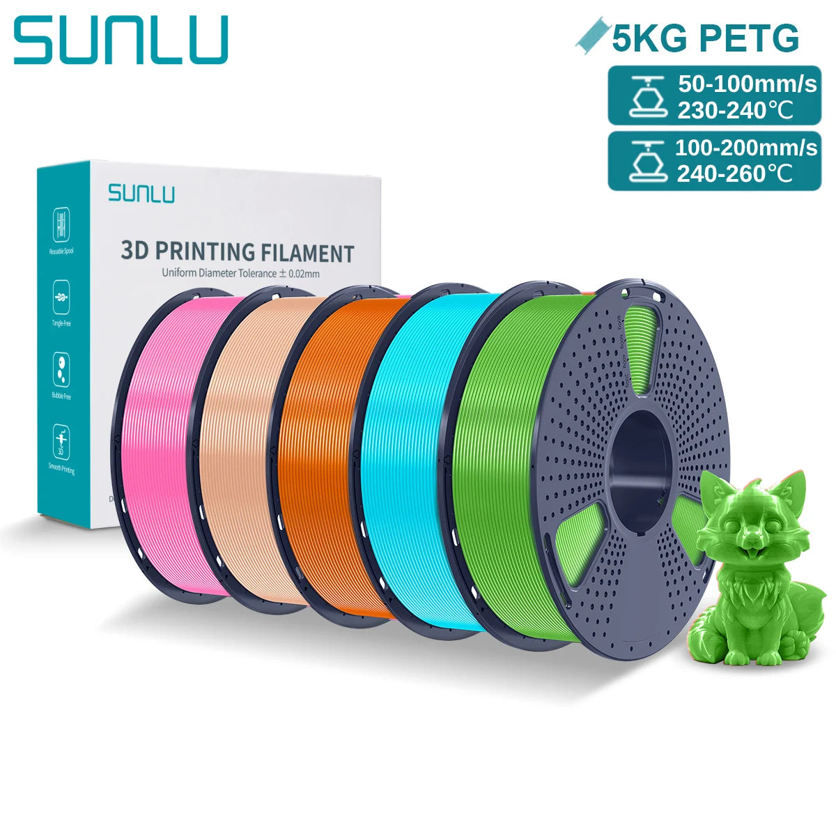 SUNLU PETG 3D Printer Filament 5KG Neatly Wound Good Toughness 1.75mm 3D Filament with Reusable Spool for Most FDM Printer