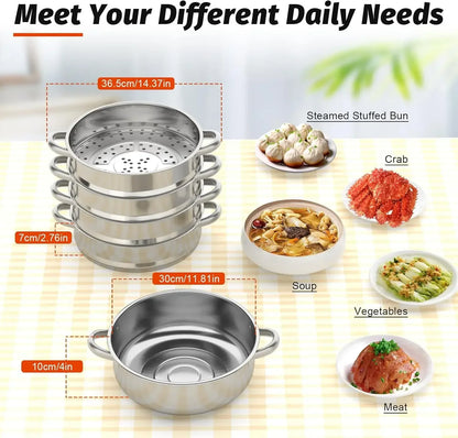 5-Tier Stainless Steel Steamer Meat Vegetable Cooking Steam Pot Kitchen Tool with Stackable Pan& Lid for Steaming Pasta Dumpling