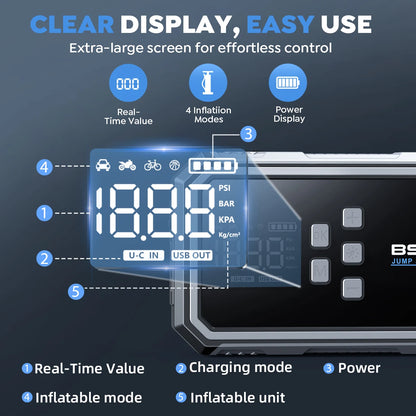 4-in-1 Jump Starter with Air Pump Starter Box Battery Pack with Digital Tire Inflator Car Battery Jump Starter