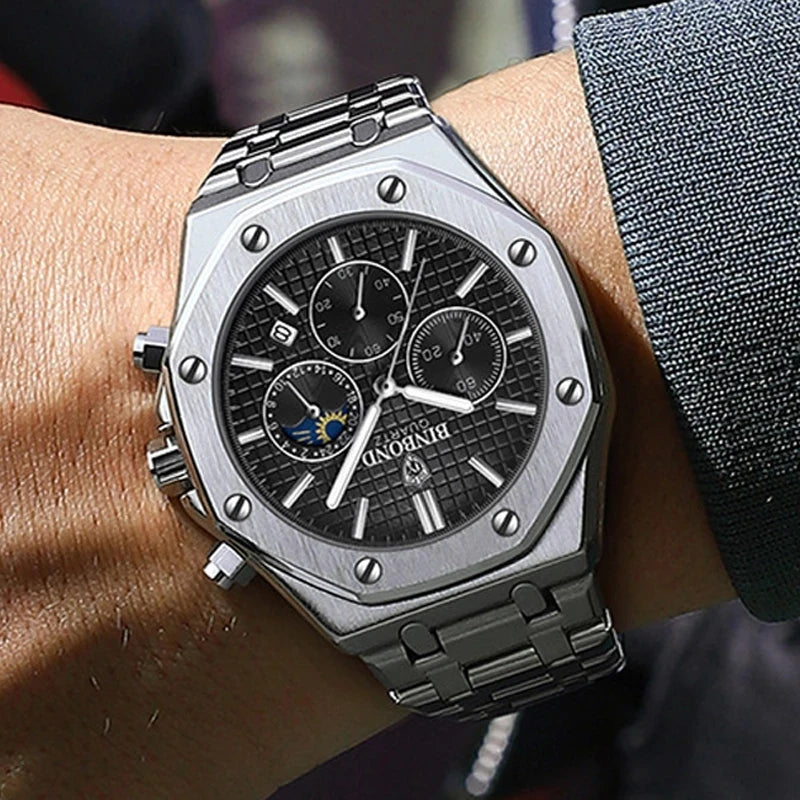 BINBOND Top Brand B0161 Men's Casual Watch Luxury Luminous Stainless Steel Waterproof Men's Date Calendar Clock